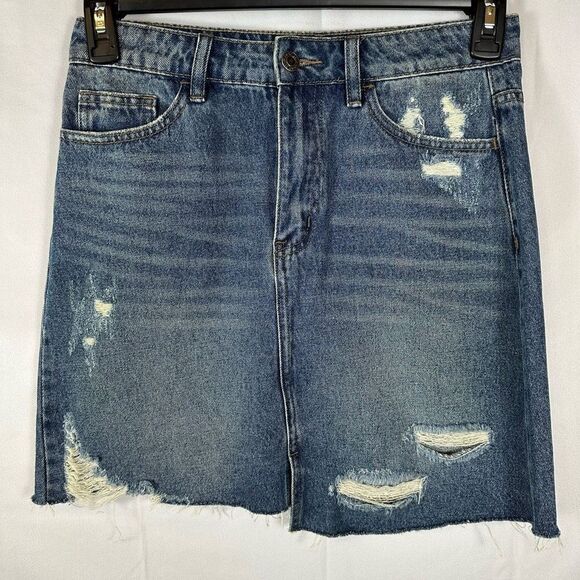 Vervet by Flying Monkey Denim Claudia Skirt Distressed Raw Hem Mini Blue  S - Picture 2 of 10